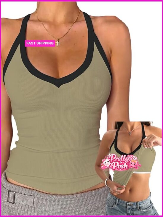 Tops - Cotton Tank Top with Built-in Shelf Bra Sleeveless Racerback Fitted Cami